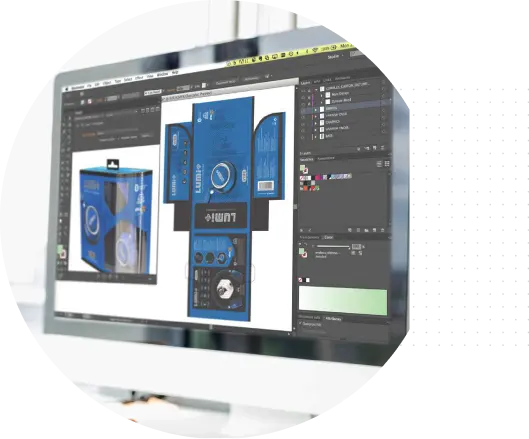 Photo of monitor showing Lumi packaging design